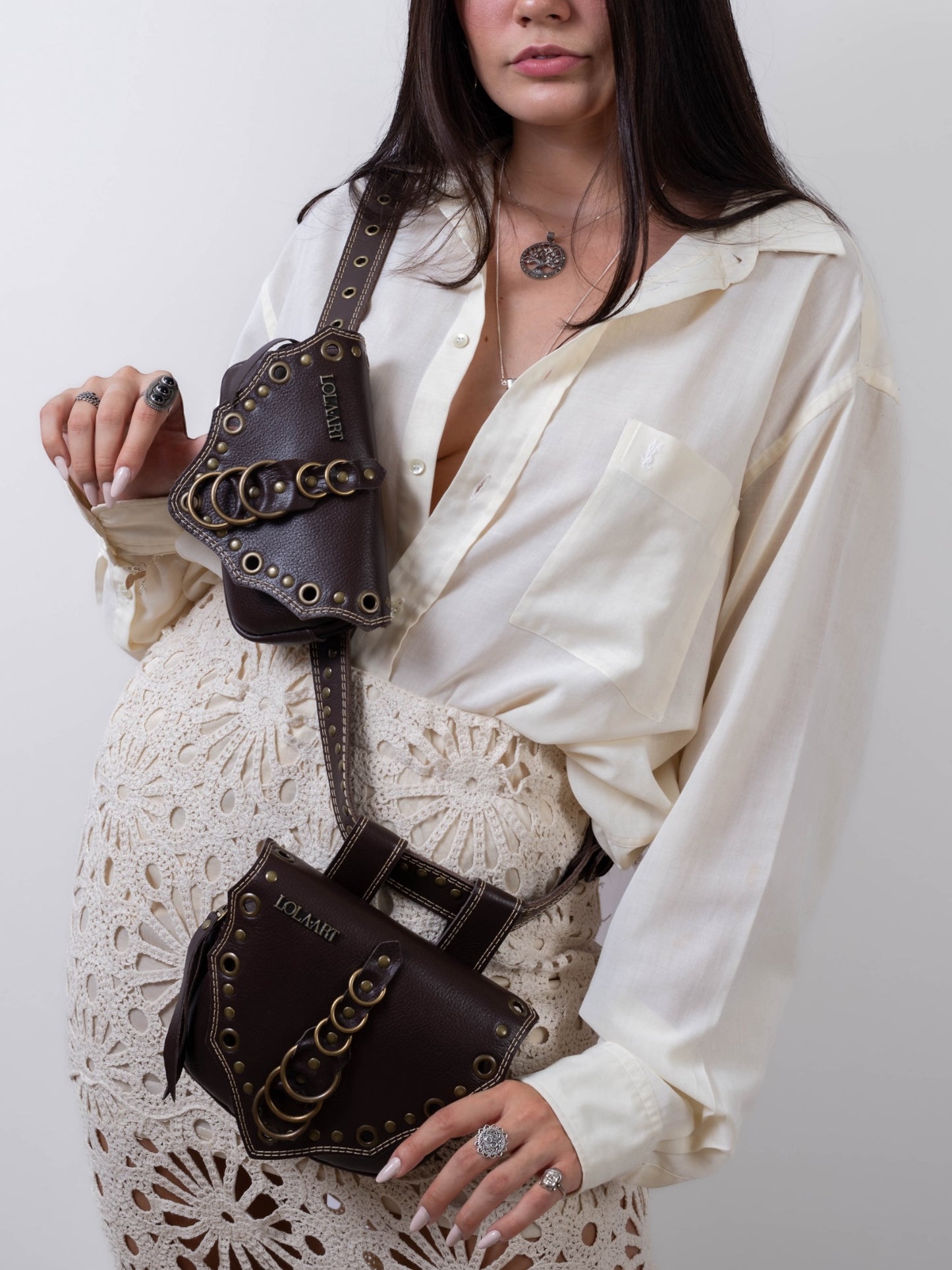 Cartucheira Brown Double Rings Couro