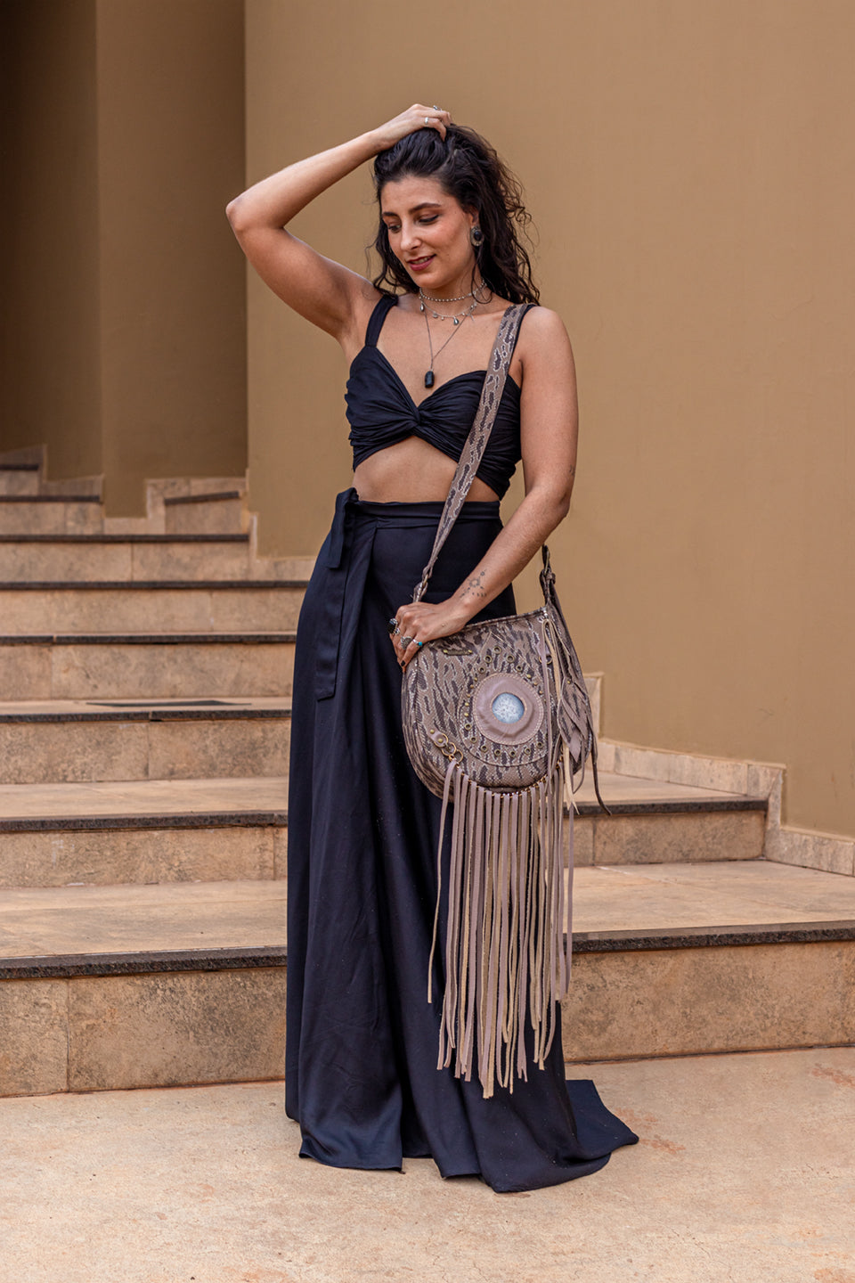 Bolsa Com Franja Boho Maya Couro