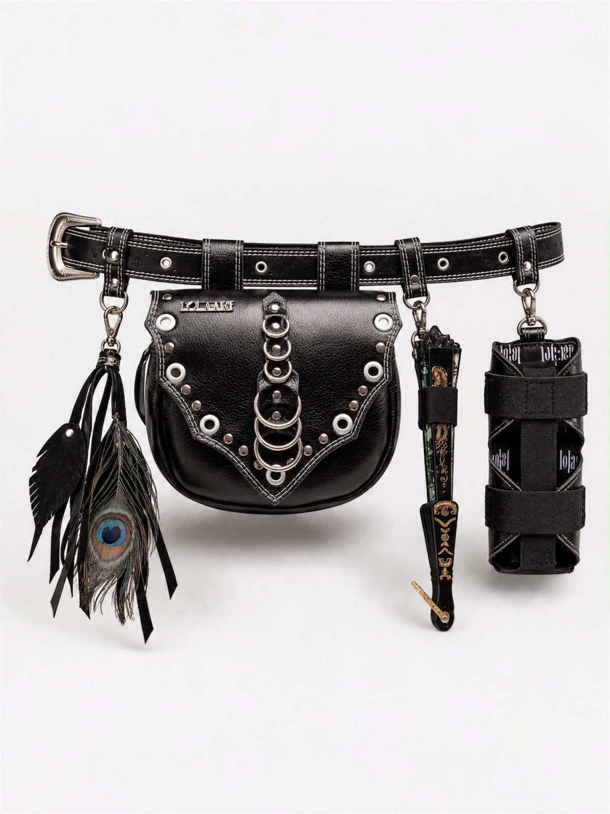 Kit: CartuBag Black Rings Couro + Porta Água + Porta Leque + Chaveiro