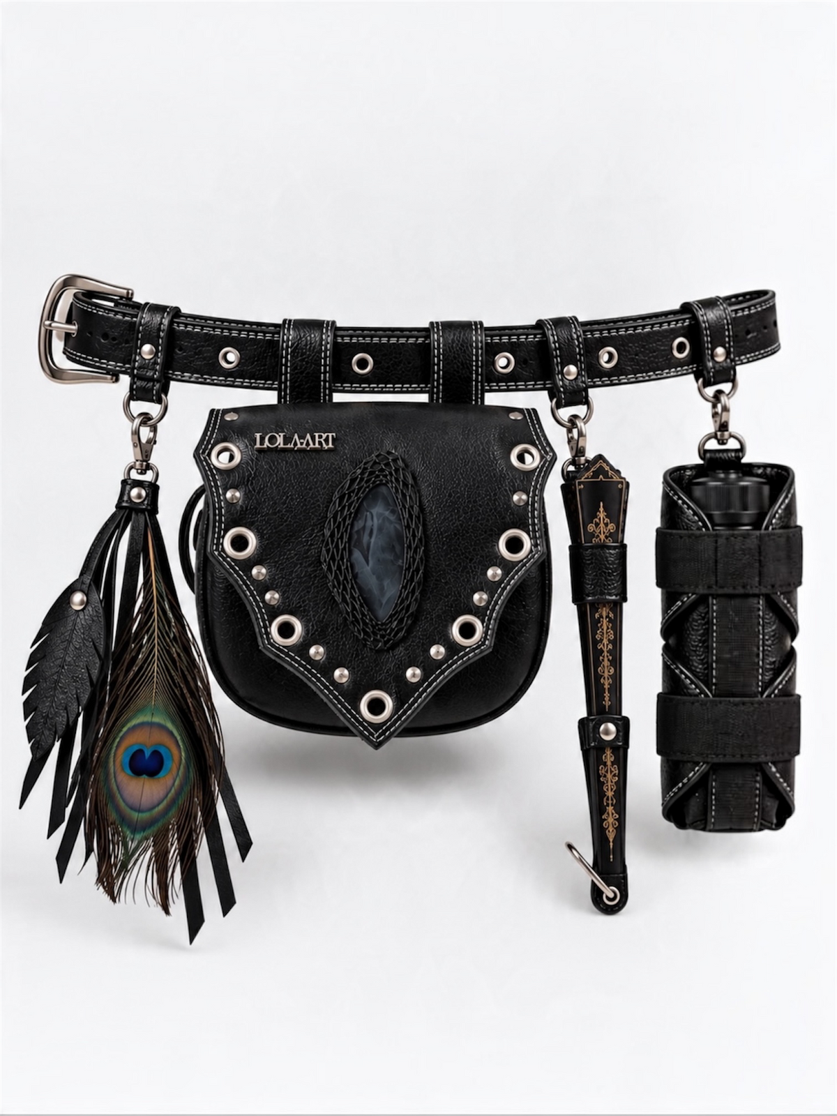 Kit: Cartubag Ágata Preta Couro + Porta Água + Porta Leque + Chaveiro