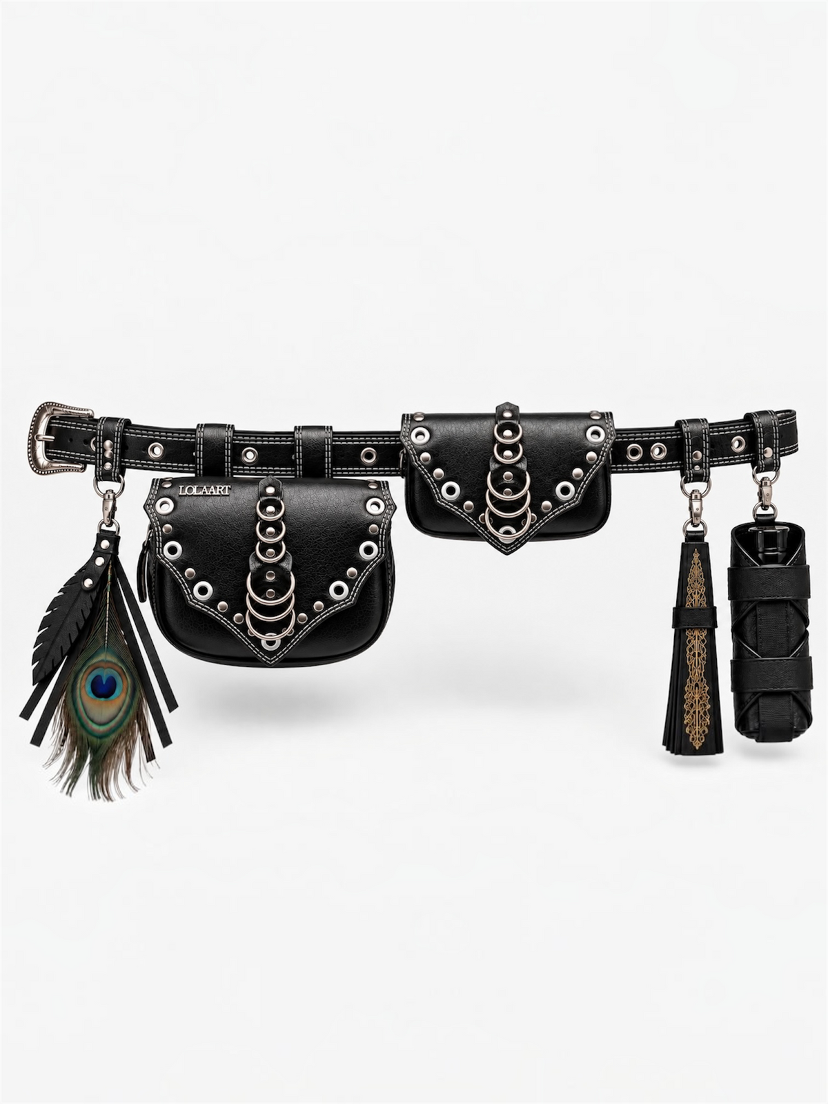 Kit: Cartucheira Black Double Rings Couro + Porta Água + Porta Leque + Chaveiro